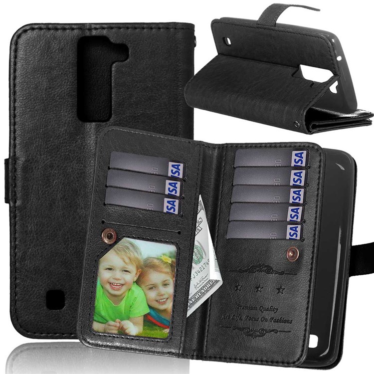 For LG K8 Crazy Horse 9 Card Slots Leather Wallet Phone Casing - Black-1