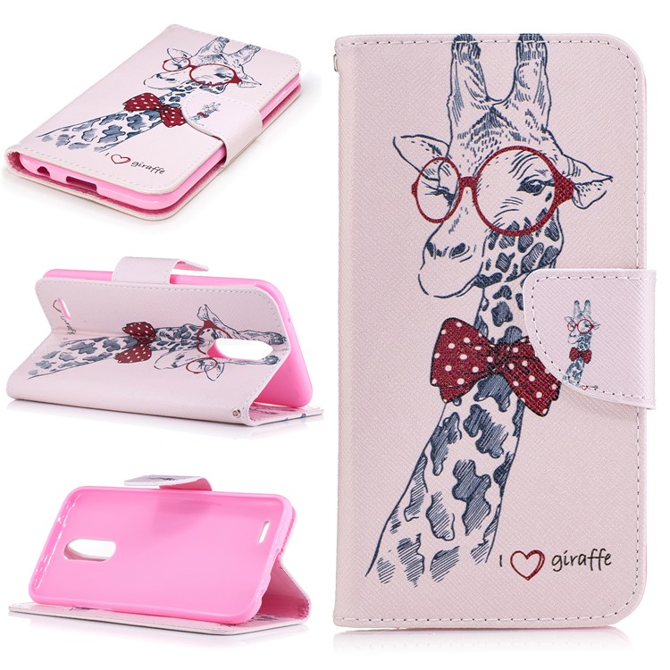 Pattern Printing Leather Wallet Cover Flip Case for LG K10 (2017) - Cute Giraffe Wearing Glasses-1