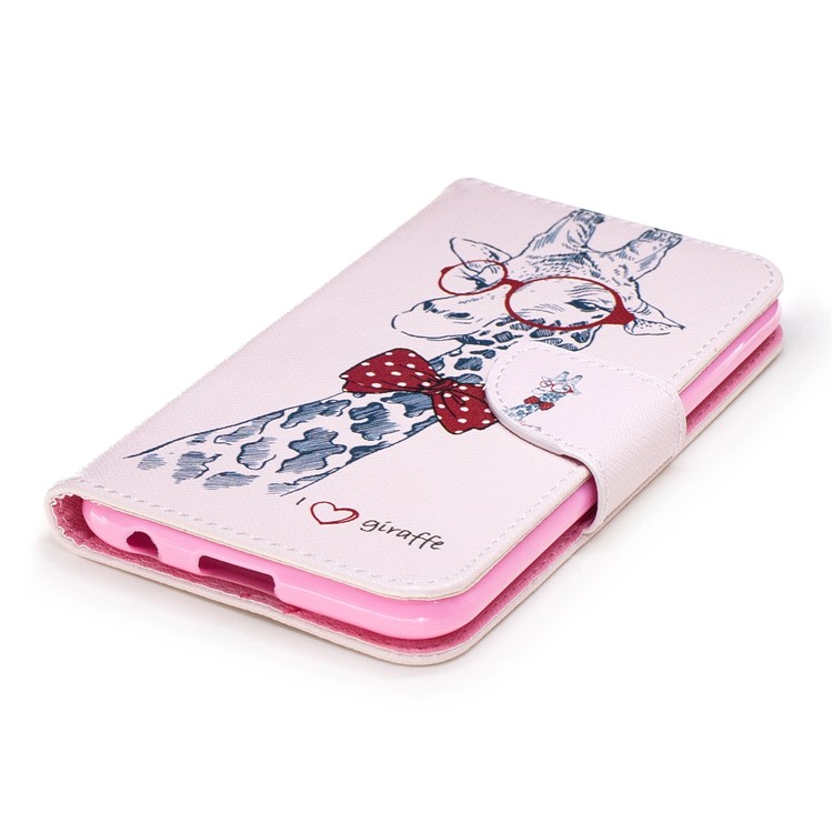 Pattern Printing Leather Wallet Cover Flip Case for LG K10 (2017) - Cute Giraffe Wearing Glasses-6