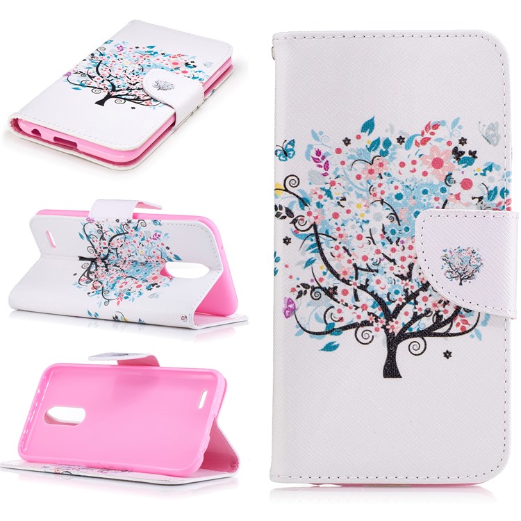 Pattern Printing Leather Case Wallet for LG K10 (2017) - Flowered Tree-1