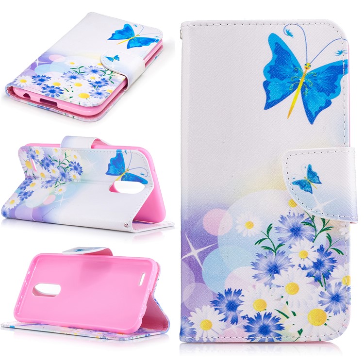 Custodia Per Cellulare In Pelle Stampa Modello Portafoglio Per LG K10 (2017) - Farfalle E Fiori Blu-1