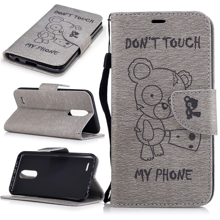Para LG K10 (2017) Imprinted Bear Wallet Stand caso de couro com cordão - Cinza-1