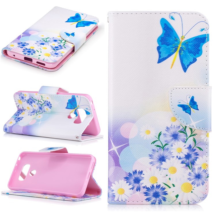 Pattern Printing Leather Stand Case with Card Slots for LG G6 - Blue Butterflies and Flowers-1