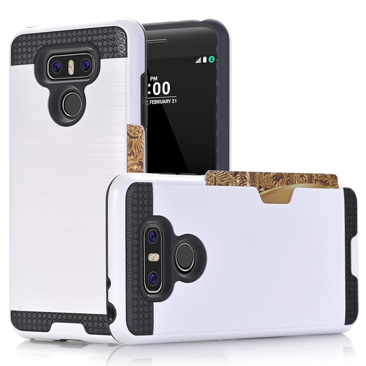 Brushed Plastic + TPU Shell Case Cover Card Holder for LG G6 - White-1
