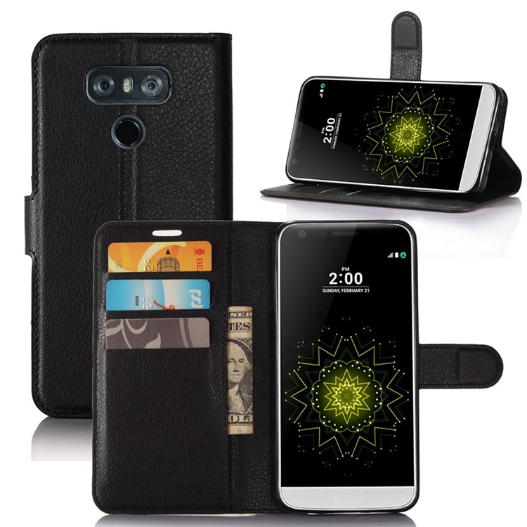 Lychee Skin Leather Wallet Case for LG G6 - Black-1