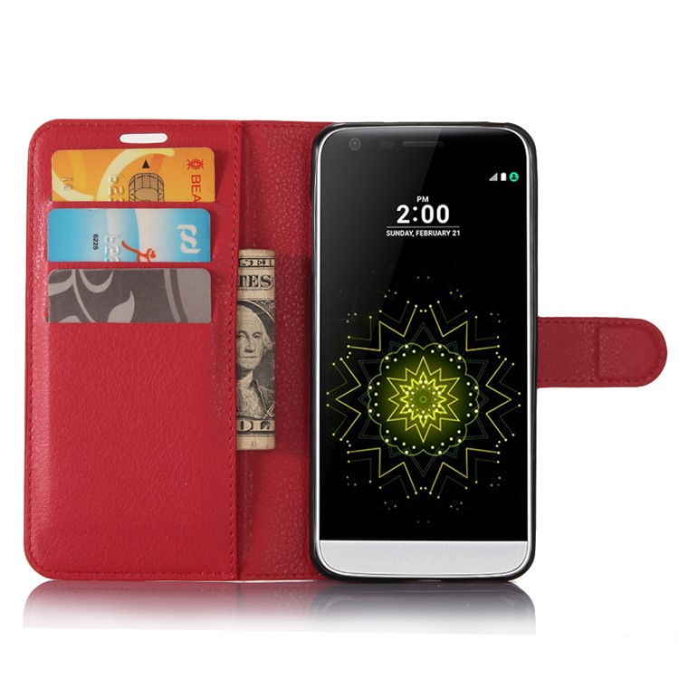Lychee Skin Leather Wallet Cover Case for LG G6 - Red-2