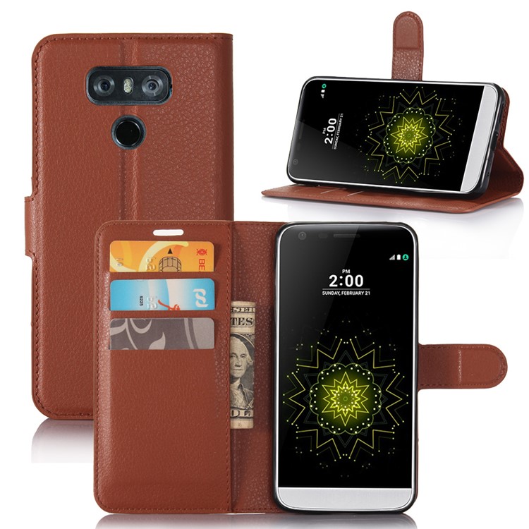 Lychee Skin Folio Leather Wallet Case for LG G6 - Brown-1