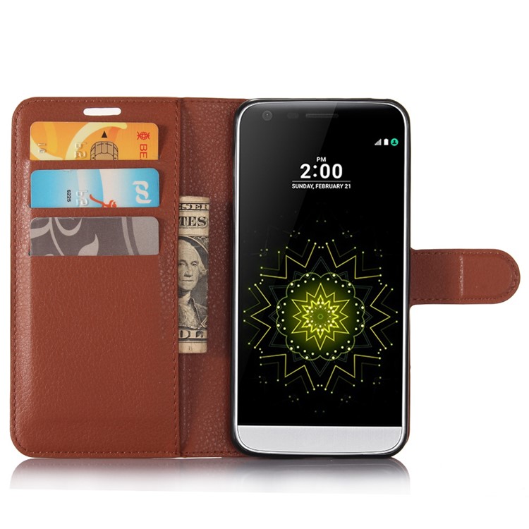 Lychee Skin Folio Leather Wallet Case for LG G6 - Brown-2