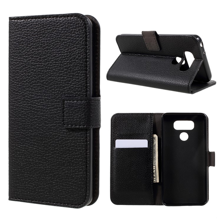 For LG G6 Litchi Grain PU Leather Cell Phone Case Wallet Cover Stand - Black-1