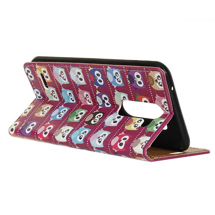 Patterned Leather Wallet Case for LG X mach - Mini Owls Purple Background-4