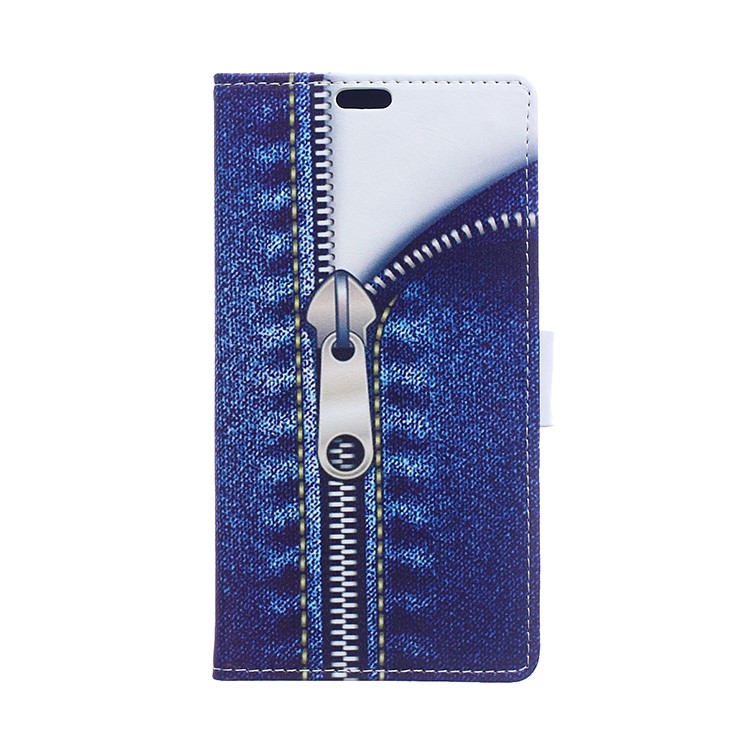 Patterned Phone Accessory Leather Wallet Cover for LG K10 (2017) - Jeans Metal Zipper-1
