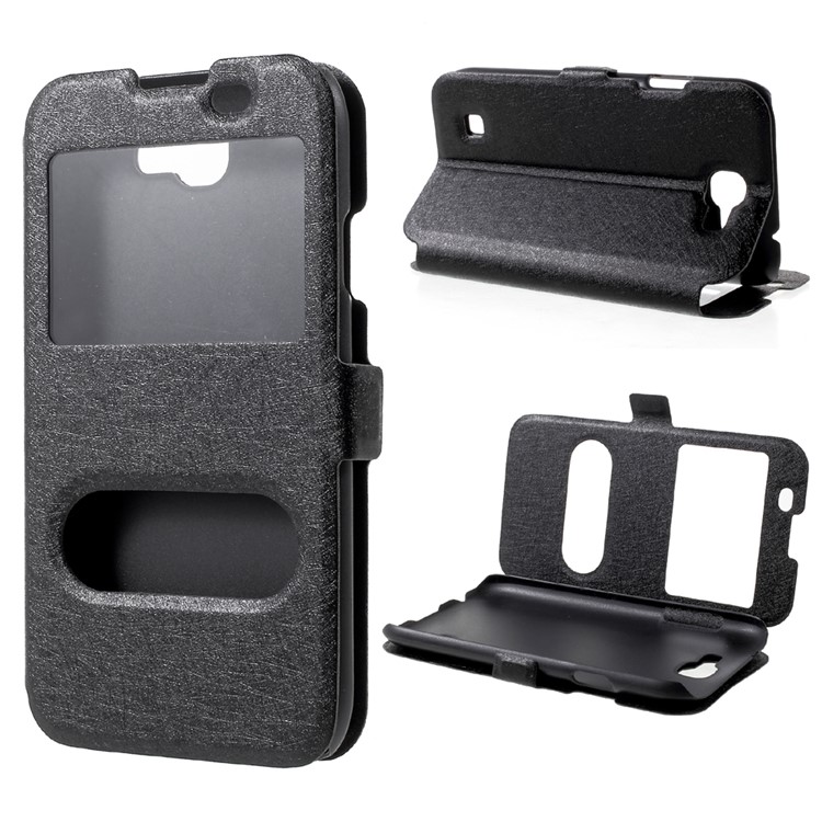 For LG K3 2017 Silk Texture Dual Window Stand Leather Phone Case - Black-1