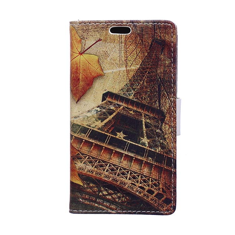 Printing Pattern Leather Case Stand Wallet for LG K3 (2017) - Eiffel Tower and Maple Leaves-1