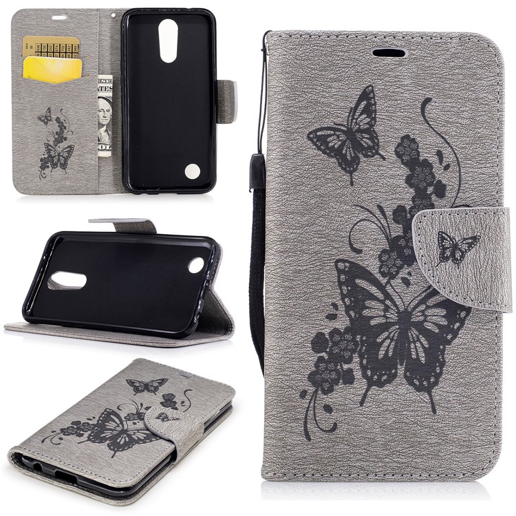 Imprinted Butterflies Flowers Leather Wallet Case Stand for LG K10 (2017)- Grey-1