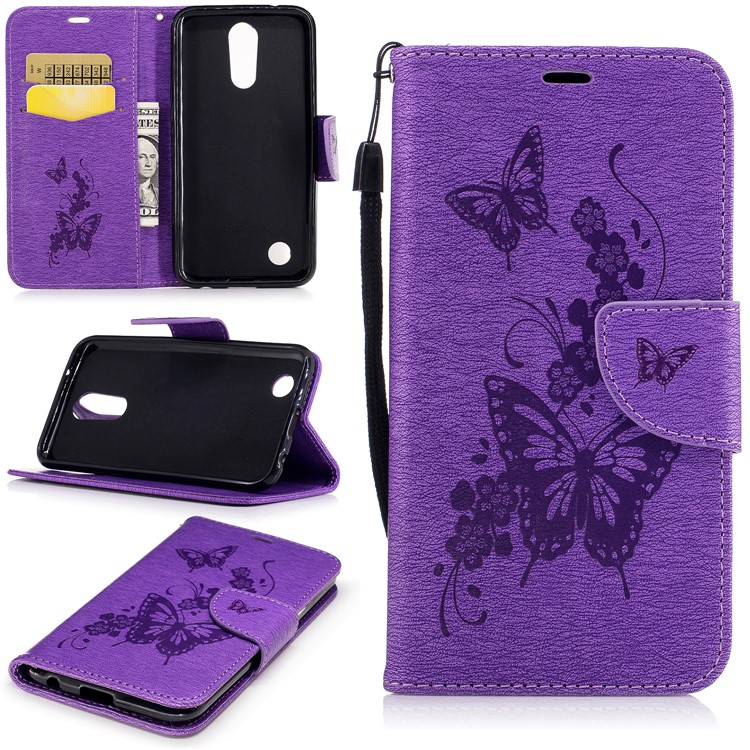 Butterflies Flowers Imprinted Pattern Leather Wallet Phone Shell with Strap for LG K10 (2017) - Purple-1