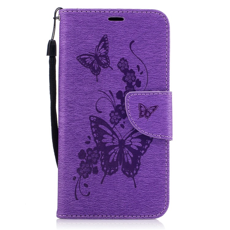 Butterflies Flowers Imprinted Pattern Leather Wallet Phone Shell with Strap for LG K10 (2017) - Purple-2