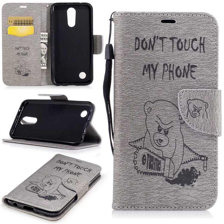 For LG K10 (2017) Imprinted Bear Warning Words Pattern Leather Wallet Protective Case - Grey-1