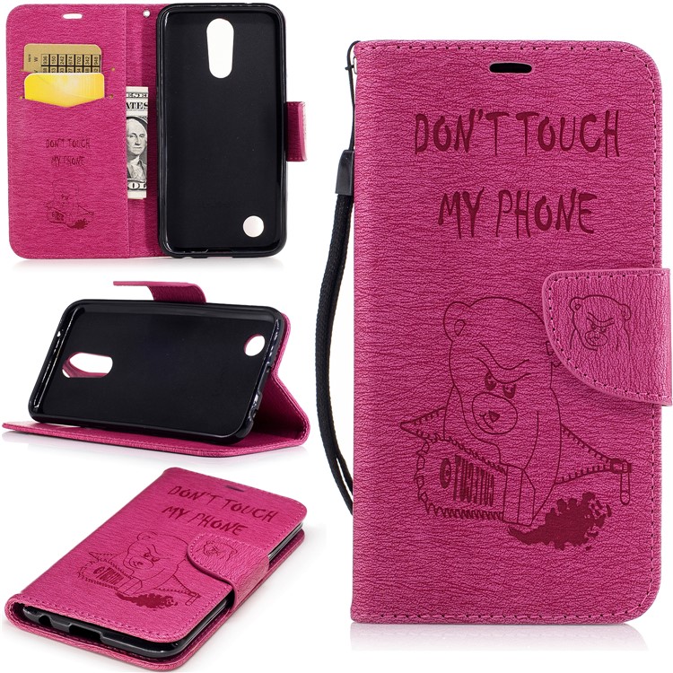 Bear Warning Words Imprinted Pattern Leather Wallet Phone Shell for LG K10 (2017) - Rose-1