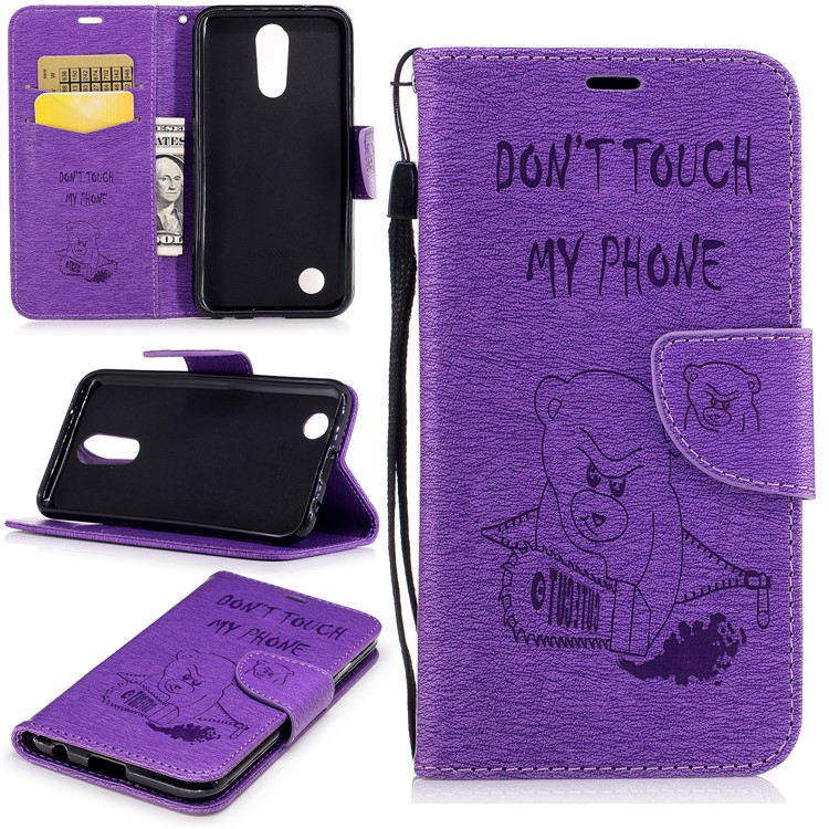 Imprinted Bear Warning Words Stand Leather Wallet Mobile Casing for LG K10 (2017) - Purple-1