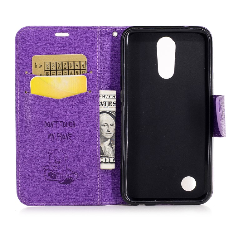 Imprinted Bear Warning Words Stand Leather Wallet Mobile Casing for LG K10 (2017) - Purple-8