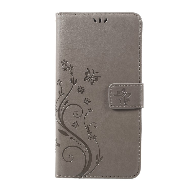 Imprinted Flower Butterfly Leather Wallet Cellphone Shell with Lanyard for LG V20 - Grey-1