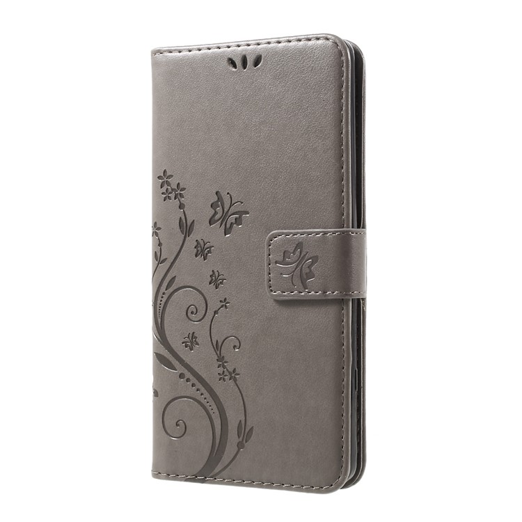 Imprinted Flower Butterfly Leather Wallet Cellphone Shell with Lanyard for LG V20 - Grey-2