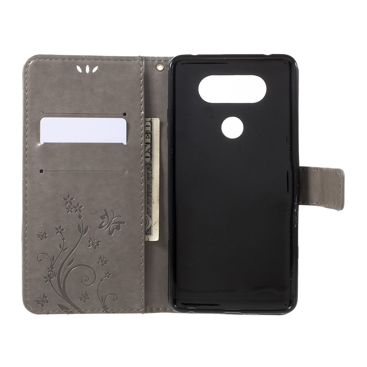Imprinted Flower Butterfly Leather Wallet Cellphone Shell with Lanyard for LG V20 - Grey-5