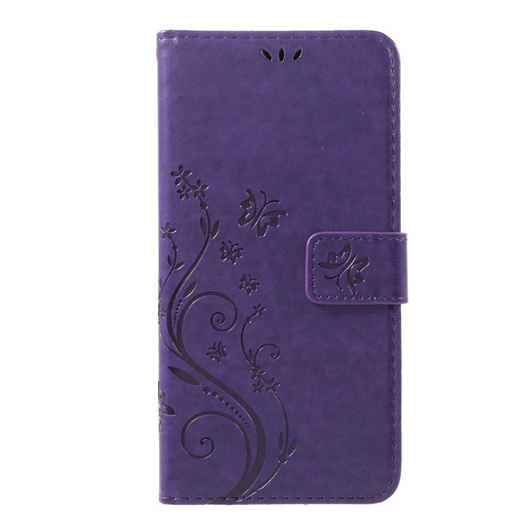 Leather Imprinted Flower Butterfly Wallet Phone Accessory for LG V20 - Dark Purple-1