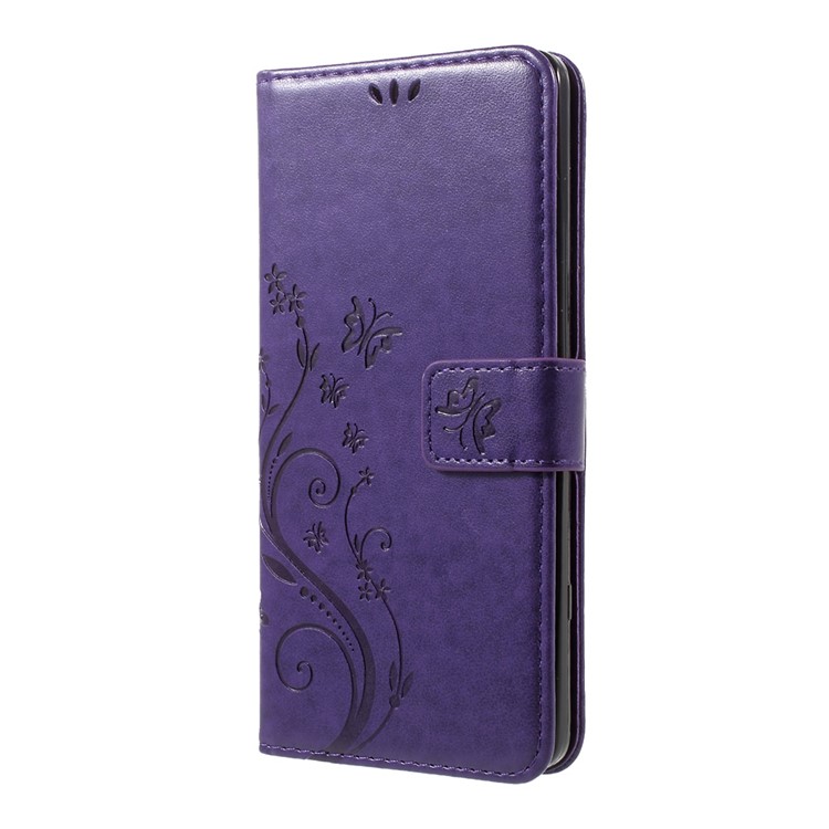 Leather Imprinted Flower Butterfly Wallet Phone Accessory for LG V20 - Dark Purple-2