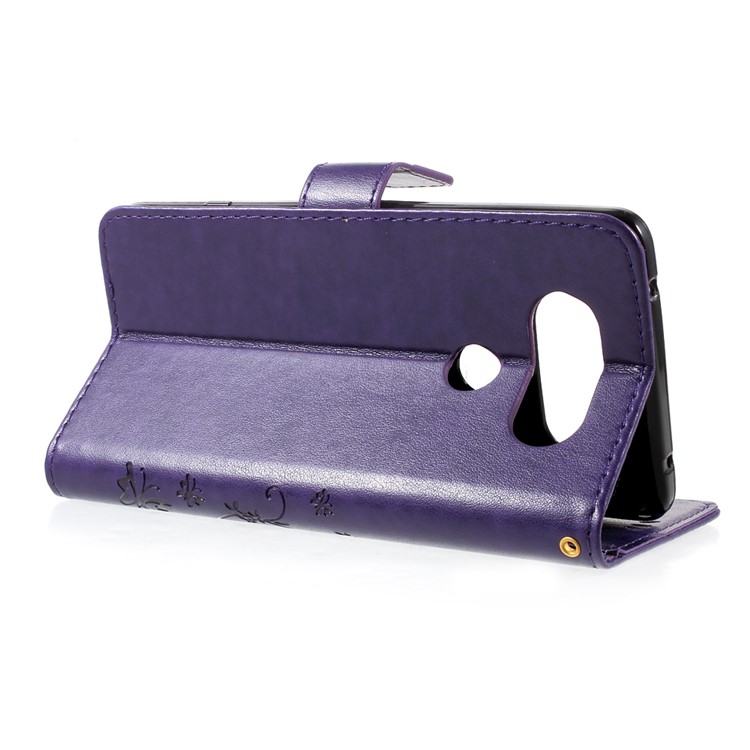 Leather Imprinted Flower Butterfly Wallet Phone Accessory for LG V20 - Dark Purple-4
