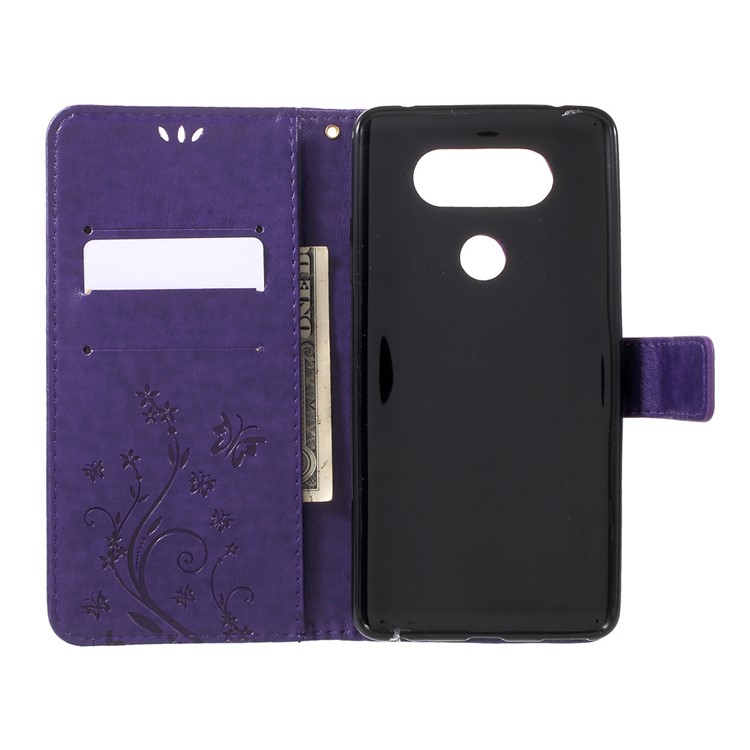 Leather Imprinted Flower Butterfly Wallet Phone Accessory for LG V20 - Dark Purple-5
