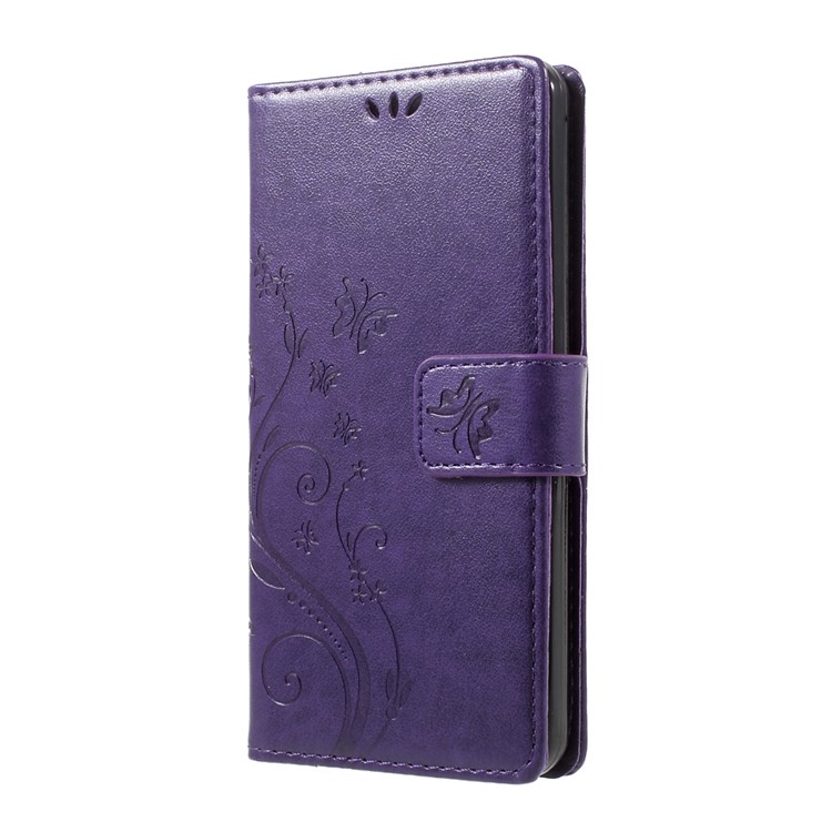 Imprinted Butterfly Flowers Leather Wallet Case Accessory for LG G6 - Dark Purple-2