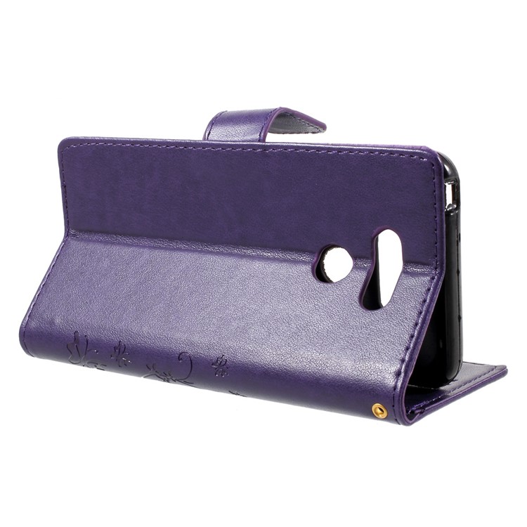 Imprinted Butterfly Flowers Leather Wallet Case Accessory for LG G6 - Dark Purple-4