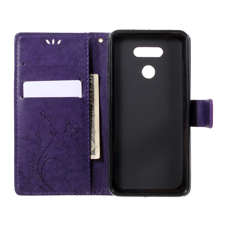 Imprinted Butterfly Flowers Leather Wallet Case Accessory for LG G6 - Dark Purple-5