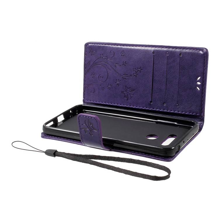 Imprinted Butterfly Flowers Leather Wallet Case Accessory for LG G6 - Dark Purple-6