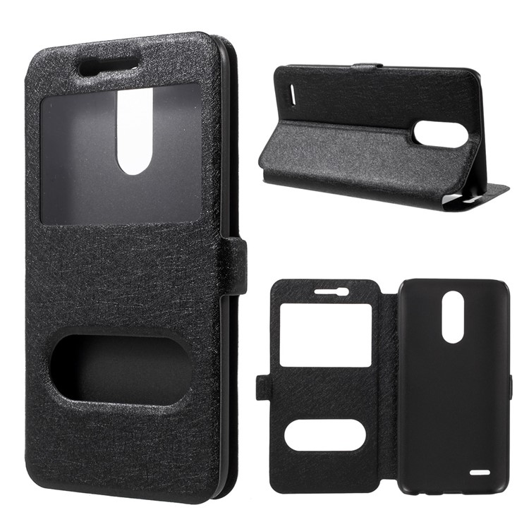 Silk Texture Dual Window Leather Phone Case for LG K10 (2017) - Black-1