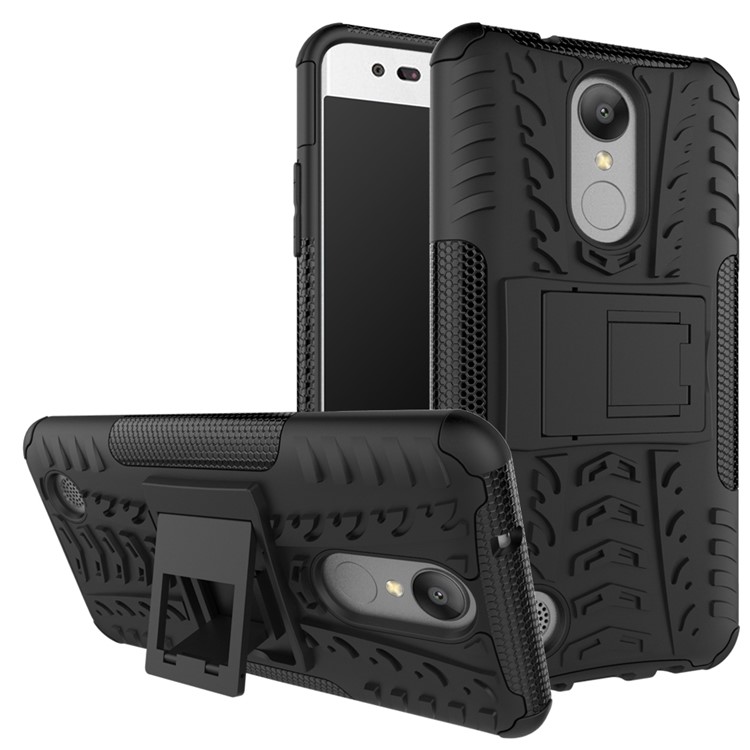 For LG Aristo MS210 (LV3) US Version Tyre Pattern Kickstand PC + TPU Hybrid Case Accessory - Black-1