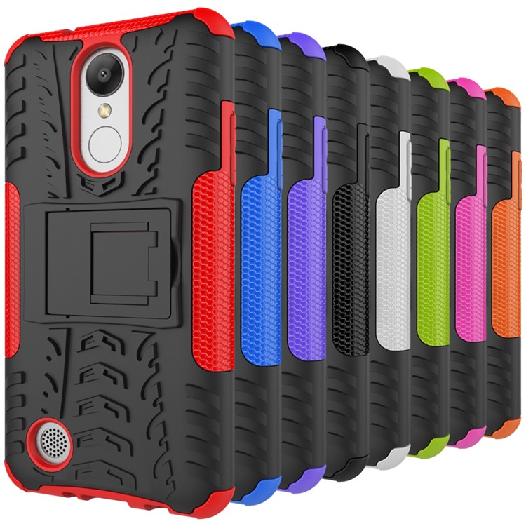 For LG Aristo MS210 (LV3) US Version Tyre Pattern Kickstand PC + TPU Hybrid Case Accessory - Black-12