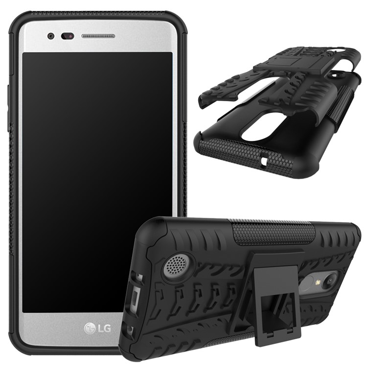 For LG Aristo MS210 (LV3) US Version Tyre Pattern Kickstand PC + TPU Hybrid Case Accessory - Black-2