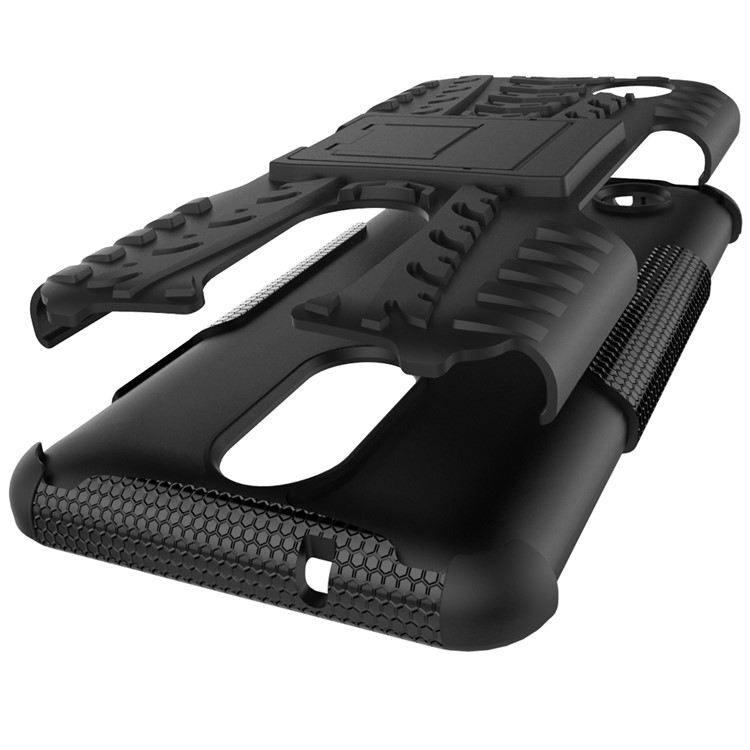 For LG Aristo MS210 (LV3) US Version Tyre Pattern Kickstand PC + TPU Hybrid Case Accessory - Black-5