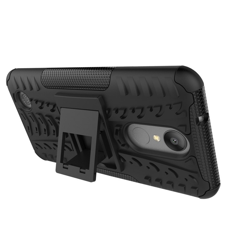 For LG Aristo MS210 (LV3) US Version Tyre Pattern Kickstand PC + TPU Hybrid Case Accessory - Black-6
