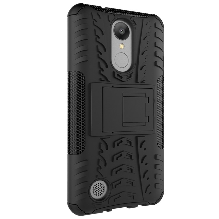 For LG Aristo MS210 (LV3) US Version Tyre Pattern Kickstand PC + TPU Hybrid Case Accessory - Black-9