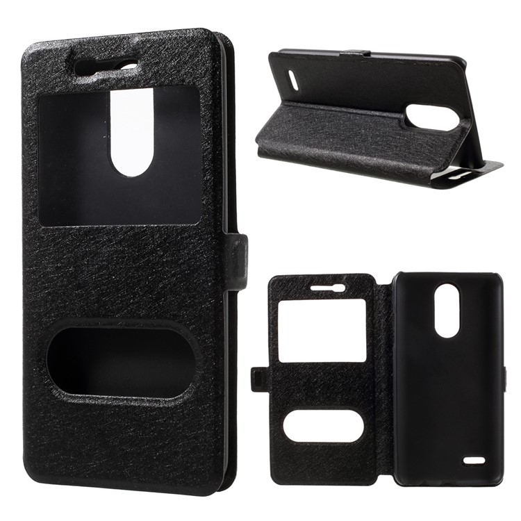 Silk Texture Double Window Leather Stand Flip Case for LG K8 (2017) - Black-1