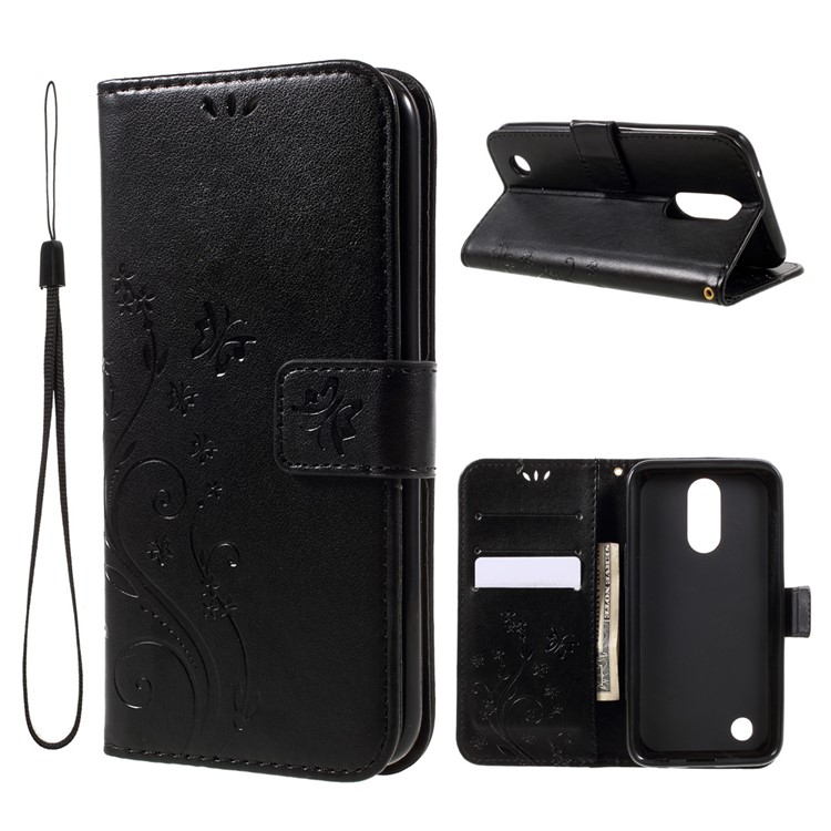 Imprinted Butterfly Flower Leather Wallet Stand Cell Phone Case with Strap for LG K10 (2017) - Black-1