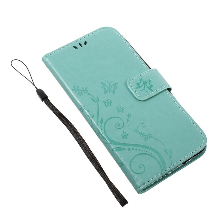 Imprinted Butterfly Flower Flip Leather Wallet Stand Cell Phone Case with Strap for LG K10 (2017) - Cyan-7