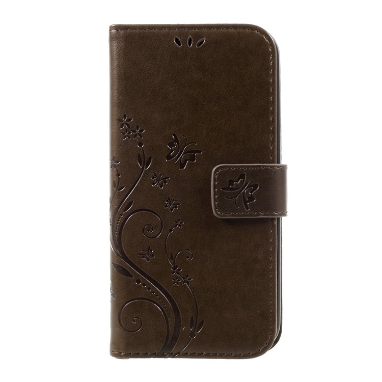For LG K10 (2017) Imprinted Butterfly Flower Leather Wallet Stand Case Shell with Strap - Brown-1