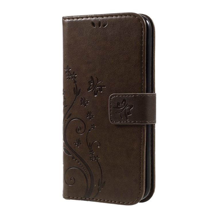 For LG K10 (2017) Imprinted Butterfly Flower Leather Wallet Stand Case Shell with Strap - Brown-2
