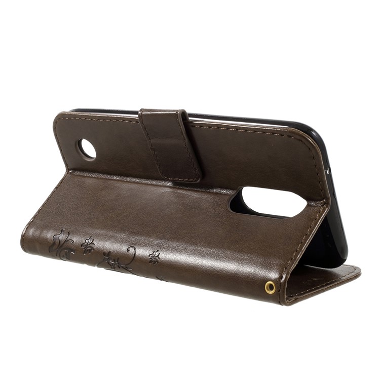 For LG K10 (2017) Imprinted Butterfly Flower Leather Wallet Stand Case Shell with Strap - Brown-5