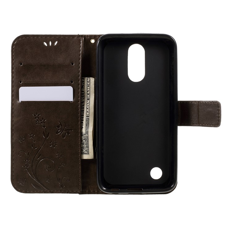 For LG K10 (2017) Imprinted Butterfly Flower Leather Wallet Stand Case Shell with Strap - Brown-6