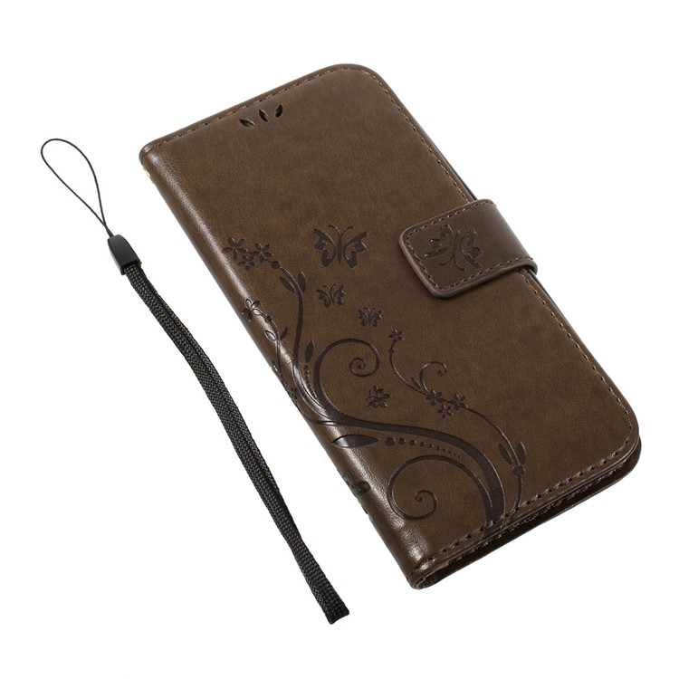 For LG K10 (2017) Imprinted Butterfly Flower Leather Wallet Stand Case Shell with Strap - Brown-7